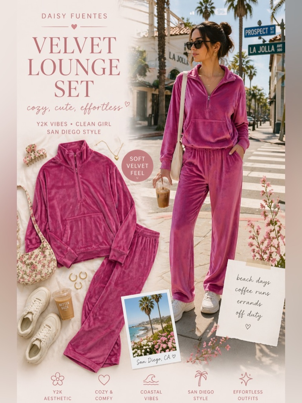 Daisy Fuentes Velour Lounge Set 2PC Pink NWT Half Zip Sweatshirt + Pants